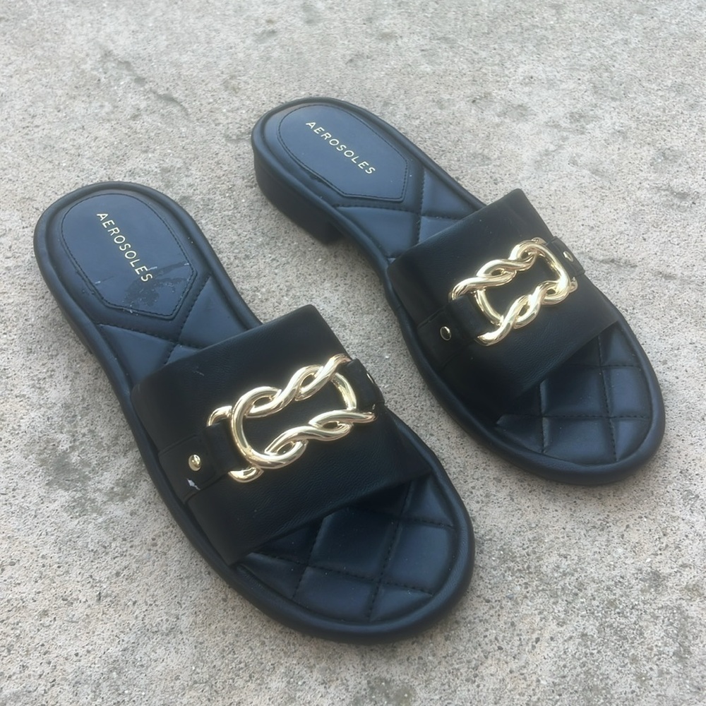 Aerosoles Biarritz Black Gold Link Slide Sandal Women's Size 8.5 NWOB